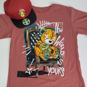 Mishka Kids Graphic Tee - Brick Red & hat Sz L 10-12 NWT